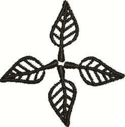 Stylized leaves with visible veins in a symmetrical design, outlined in black against a light background.