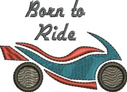 Stylized motorcycle in vibrant red and blue with 'Born to Ride' text above, modern design for machine embroidery.
