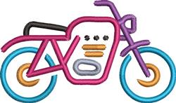 Stylized motorcycle in pink and blue with vibrant orange accents, perfect for playful embroidery on various items.