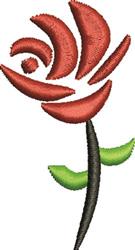Stylized rose with smooth red petals, green leaves, and a sleek black stem, perfect for modern embroidery.