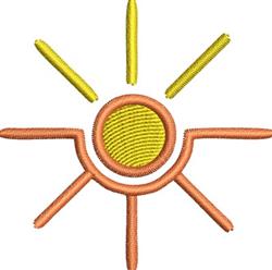 Stylized sun with a yellow circle, orange outline, and bright yellow radiating lines for a cheerful embroidery design.