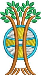 Stylized tree with two brown trunks and vibrant green leaves, set against a blue and yellow circular backdrop.