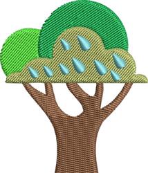 Stylized tree with a brown trunk, vibrant green foliage, and playful blue raindrops, perfect for cheerful embroidery.