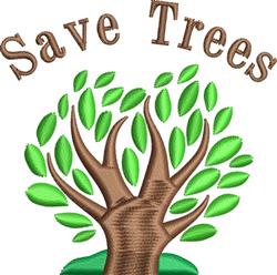Whimsical tree with a brown trunk and vibrant green leaves, featuring the playful phrase 'Save Trees' above.