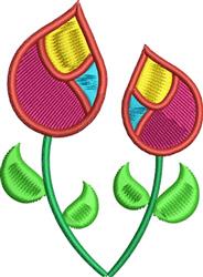 Vibrant floral Applique design featuring pink tulips with cheerful yellow details and green leaves.
