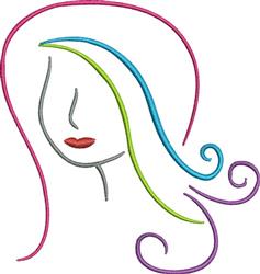 Stylized woman's face with minimalist outline, flowing hair in vibrant colors, and bold red lips.