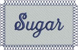 Playful text 'Sugar' in cursive navy blue, framed by a decorative border on textured light gray.