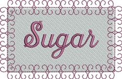 Whimsical text 'Sugar' in a cursive pink font, framed by a decorative darker pink border on a pastel background.
