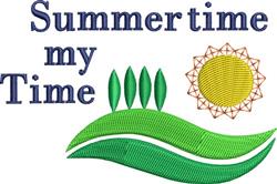 Colorful text 'Summertime my Time' in blue, surrounded by green leaves and a yellow sun, perfect for summer.