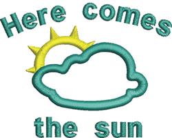 Playful sun and cloud graphic with bright yellow sun, teal cloud, and 'Here comes the sun' text, perfect for spring.