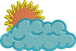 Bright yellow sun radiating cheerfully above a fluffy light blue cloud, vibrant summer design for children's items.