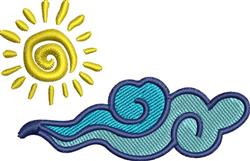 Playful sun with swirling yellow rays and a charming aqua cloud, perfect for summer-themed children's items.