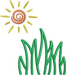 Playful sun with swirling orange center and vibrant rays over cheerful green grass, perfect for spring designs.