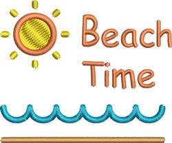 Playful sun with textured rays and 'Beach Time' text in vibrant orange, complemented by blue waves, perfect for summer.