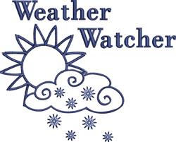 Weather-themed design featuring a sun with rays above a fluffy cloud decorated with snowflakes. 'Weather Watcher' text integr
