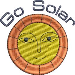 Cheerful cartoon sun with a smiling face, bright yellow color, brown outline, and playful 'Go Solar' text.