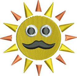 Whimsical sun with a mustache, bright yellow and orange spiky rays, playful design perfect for casual embroidery.