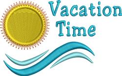 Playful sun with a textured yellow finish, vibrant turquoise 'Vacation Time' text, and light blue waves, perfect for summer.