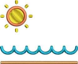 Vibrant sun with yellow and orange rays above playful blue waves and a brown line, capturing a summer beach vibe.
