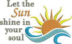 Playful sun with stylized waves and bright text 'Let the Sun shine in your soul', perfect for summer vibes.