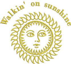 Whimsical sun with a smiling face and stylized rays, featuring 'Walkin' on sunshine' text, perfect for spring.