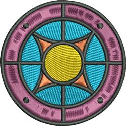 Geometric circular design featuring a vibrant sun motif encircled by blue, orange, and pink segments.