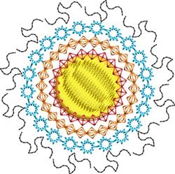 Vibrant yellow sun at the center, surrounded by playful blue flowers and red triangles, springtime applique design.
