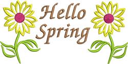 Cheerful sunflowers with yellow petals and pink centers surround text 'Hello Spring' in brown. Perfect for spring-themed deco