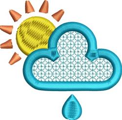 Playful blue cloud with texture, bright yellow sun with orange rays, cheerful raindrop, spring theme.