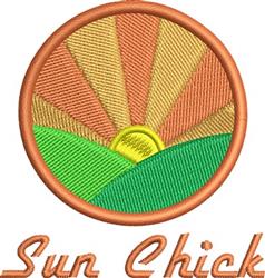 Colorful sunrise scene with warm rays over rolling hills, featuring 'Sun Chick' text, perfect for summer decor.