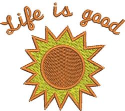 Cheerful sun design with vibrant yellow and brown, featuring 'Life is good' text in playful font.