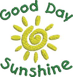 Bright yellow sun icon in playful style, featuring swirling patterns and green text 'Good Day', 'Sunshine', perfect for sprin