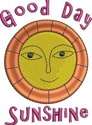 Playful yellow sun with a smiling face and orange border, framed by 'Good Day' and 'SUNSHINE' text, perfect for spring.
