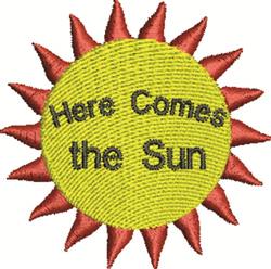 Playful sun design with a vibrant yellow circle and red rays, featuring 'Here Comes the Sun' in black, ideal for summer.