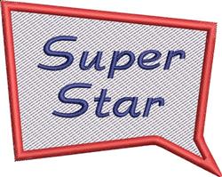 Playful speech bubble with bold blue 'Super Star' text bordered in red, set against a light gray background.