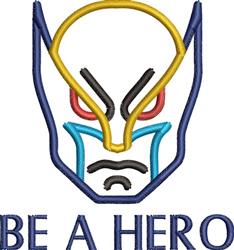 Stylized superhero face in comic-inspired embroidery with a bold mask and 'BE A HERO' text. Vibrant colors in a playful desig