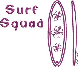 Playful surfboard adorned with vibrant flowers and purple 'Surf Squad' text, perfect for summer beach vibes.