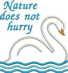 Stylized swan with a golden beak surrounded by flowing blue waves, featuring playful text above, ideal for embroidery.