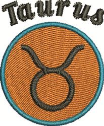 Taurus badge featuring a bold bull symbol on an orange background with blue outline, text 'Taurus' above.