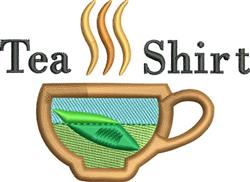 Whimsical tea cup with blue and green interior, golden steam swirls, and 'Tea Shirt' text; charming design.