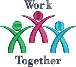 Three vibrant abstract figures in green, pink, and blue symbolize teamwork, with 'Work Together' text below.