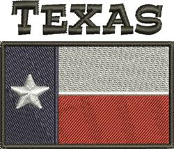 Embroidery Texas flag design with blue vertical stripe, white star, bold 'TEXAS' text, perfect for patriotic themes.