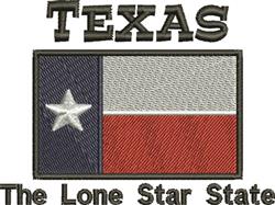 Texas state flag design featuring bold blue, white, and red colors, with 'TEXAS' above and 'The Lone Star State' below.