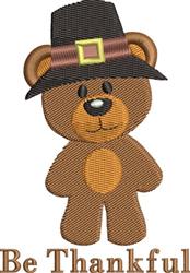 Cartoon bear in a black pilgrim hat with 'Be Thankful' text below, perfect for Thanksgiving decor.