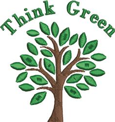 Playful tree with a brown trunk and vibrant green leaves, featuring the phrase 'Think Green' above in cheerful lettering.