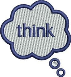 Playful text in a speech bubble says 'think' in dark blue on a light gray background with small decorative dots.