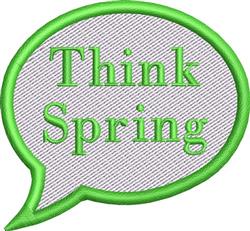 Playful speech bubble with 'Think Spring' in bright green, outlined in green on a light fabric texture.
