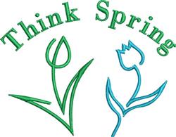 Playful spring flowers in green and blue with cheerful 'Think Spring' text above, featuring a stylized tulip and leaf.