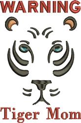Stylized tiger face with blue eyes and stripes, featuring 'WARNING' above and 'Tiger Mom' below in playful font.