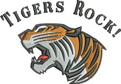 Bold tiger head profile with fierce expression and vivid stripes, accented by 'TIGERS ROCK!' text.